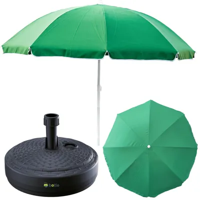 Produktbild von Komplett-Set Sonnenschirm + Sonnenschirmständer für den Garten Material Polyester/Stahl/Polypropylen Farbe Grün Groß D 240cm H 230cm Rund Ständer Farbe anthrazit touristisch leicht bremsfunktion Moder