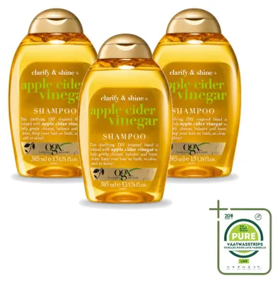 Image de 3 bouteilles de shampooing clarifiant et brillant à la vinaigre de cidre de marque OGX, format 385 ml - Lot de 3