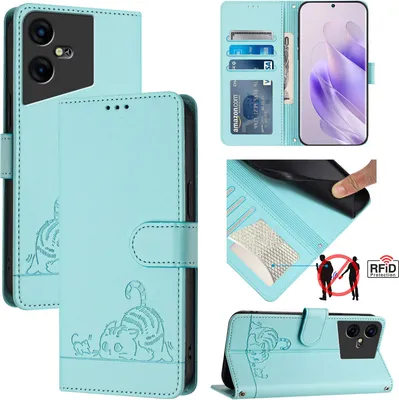 Produktbild von Leder Hülle für Tecno Pova Neo 3 Süße Katze Flip Case Brieftasche Schutzhülle mit Standfunktion hellgrün