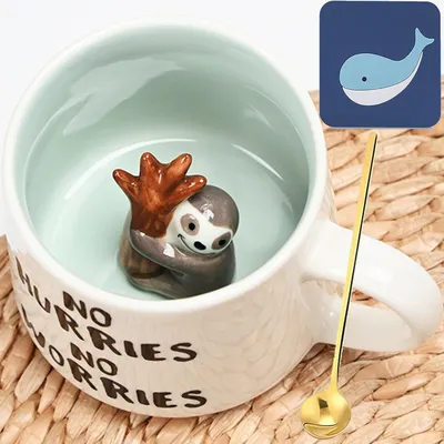 Immagine prodotto di Tazza a forma di bradipo 3D, con cucchiaino e piattino, capacità 350 ml, in Vetroceramica, idea regalo