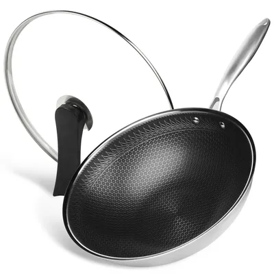 Obrázek produktu pro Nerezová pánev wok o průměru 32 cm s poklicí – s nepřilnavým povrchem a vhodná do myčky