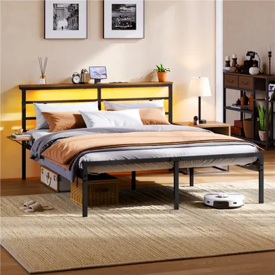 Produktbild von Yaheetech Metallbett mit Ladestation (2 Steckdosen + 2 USB) & LED, Bettgestell mit Kopfteilregal und verschiebbarer Seitenablage, 160×200cm