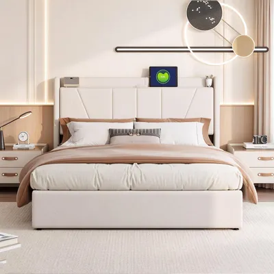 Obrázek produktu pro Postel INONEFT, čalouněná, rozměr 140x200 cm, s USB-C portem, postel s úložným prostorem, dvoulůžko s úložným prostorem, postel pro mládež s lamelovým roštem, materiál: len, barva: béžová