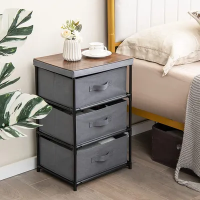 Produktbild von Nachttische aus Stoff mit 3 Etagen, Kommode aus Vliesstoff mit 3 breiten Schubladen und grossem Tablett, multifunktionales Aufbewahrungsmoebel, für Schlafzimmer, Wohnzimmer, Schrank (grau)