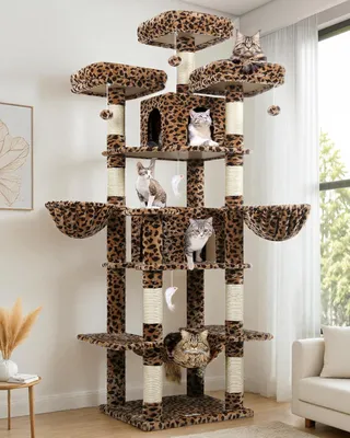 Immagine prodotto di Albero per gatti XXL, altezza 204 cm, motivo pantera, albero per gatti con 3 aree relax e una casetta