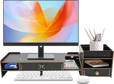 Produktbild von Monitorständer aus Holz - Bildschirm-Erhöhung - Handyhalter - Schublade - Stiftablage - Moderner Schreibtisch-Organizer - Schwarz