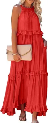 Produktbild von ASKSA Damen Langes Kleid Sommer Big Swing Strandkleid y Kleid Women Cover up Bikini Maxi Beachwear Kleider, Rot, Groesse: XXL