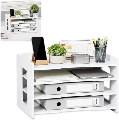 Immagine prodotto di Organizzatore da scrivania formato A4 con 4 scomparti, portadocumenti e cestino per carta, ideale per la casa, l'ufficio e la scuola, colore bianco