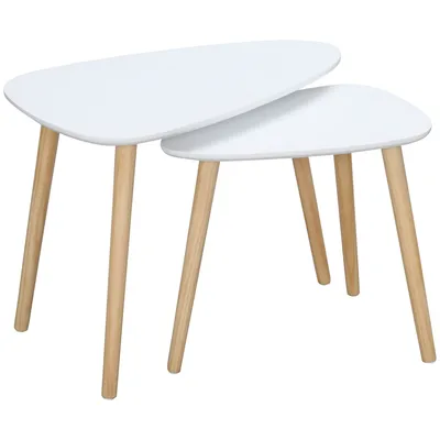 Produktbild von HOMCOM 2er Set Beistelltische, platzsparende Satztische, Couchtische mit Holzbeinen, Sofatische im Skandi-Design für Wohnzimmer Belastbar bis 10 kg Weiß+Natur
