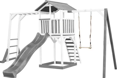 Produktbild von AXI Beach Tower Spielturm aus Holz in Weiß & Grau | Spielhaus für Kinder mit grauer Rutsche, Klettergerüst, Schaukel und Sandkasten | Stelzenhaus für den Garten