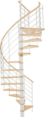 Produktbild von Minka Spindeltreppe Venezia Buche keilgezinkt mit Massivholzhandlauf und UK in weiß Ø140cm bis 305,5cm Geschosshöhe