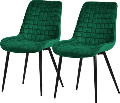 Two dark green velvet chairs with black metal legs, shown from a front-diagonal angle against a white background.