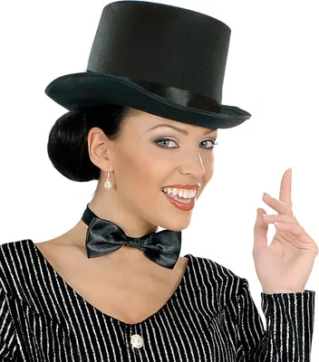 A woman wearing a top hat and bow tie.