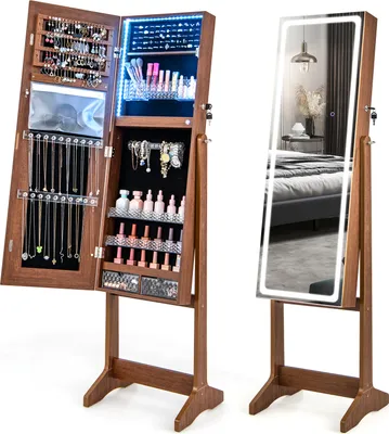 Obrázok produktu pre COSTWAY Voľne stojaca skrinka na šperky s LED osvetlením, skrinka na šperky s osvetleným zrkadlom po celej dĺžke, šminkovnicou a zásuvkami orech