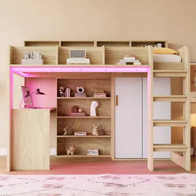 Productafbeelding van Stapelbed 90x200 cm, met LED-verlichting, met bureau, met kledingkast, met opbergruimte, met ladder, wit