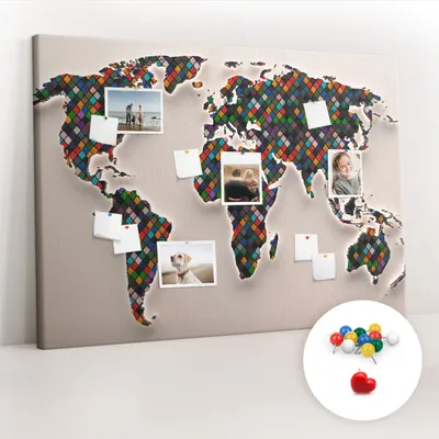 Obrázek produktu pro Korková nástěnka s kolíčky - Tabule s kolíky pro fotografie a poznámky - 140x100 cm - Připínáčky barevné 100 kusů - Abstraktní mapa světa