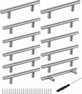 Produktbild von Zbssny Edelstahl Möbelgriffe, 128mm Lochabstand, 12 Stück mit Schraubendreher, T-förmig, Silber gebürstet