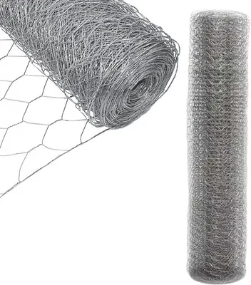 Two rolls of galvanized hexagonal wire mesh are shown against a white background. One roll is partially unrolled, showing the hexagonal pattern. The other roll is standing upright.