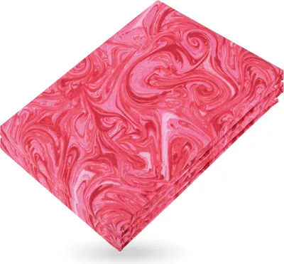 A folded piece of fabric with a marble pattern in shades of red and pink.