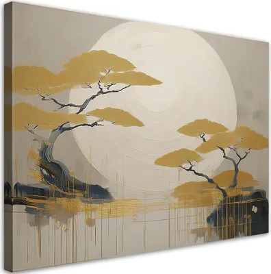 Image de Toile Boho Paysage avec arbres 100x70 Feeby Beige image pour le mur prête à accrocher
