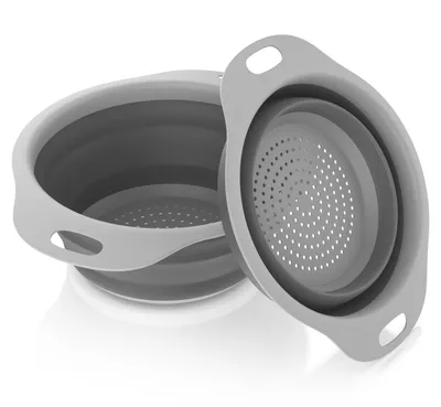 Produktbild von Arendo Abtropfkorb faltbar 2er Set, Küchensieb 2,5 l und 1,4 l mit Haltegriffen, platzsparend, aufhängbar, hitzebeständig bis 100 °C, spülmaschinengeeignet, grau
