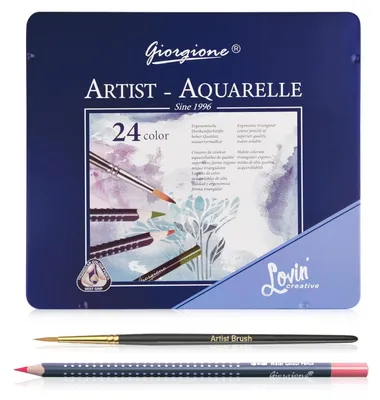 Produktbild von Aquarellstifte 24 wasservermalbar wasserlöslich für Kinder Erwachsene Blechdose Pinsel dreikant