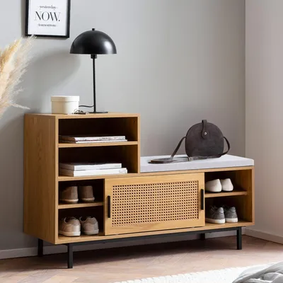 Obrázek produktu pro WOHNLING Botník s lavicí 120x75,5x40 cm Lavice do předsíně Imitace dub Lavice Ratan Malá čalouněná lavice Úzká předsíň s úložným prostorem Lavice do předsíně