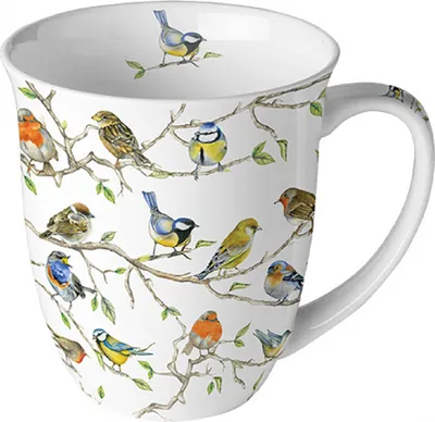 Produktbild von Tasse 10cm Porzellan mit Singvögel & Äste Motiv Bunt / Weiß