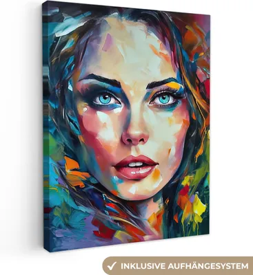 Produktbild von MuchoWow® - Leinwandbilder - Gesicht - Frau - Ölfarbe - Farbenfroh - Kunst, Wandbild, Wanddeko Bilder Wohnzimmer, 30x40cm