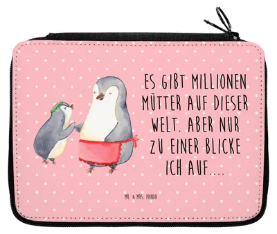 Produktbild von Mr. & Mrs. Panda Etui Pinguin mit Kind - Rot Pastell - Geschenk, Vorbild Mama, Federtasche, Muttertag, Mäppchen, Schlampermäppchen, Schreibmappe, Mutter, Federmäppchen