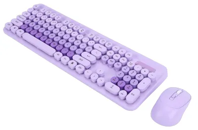 Obrázok produktu pre Bezdrôtová roztomilá klávesnica a myš 104 klávesov v štýle písacieho stroja Retro klávesnica s okrúhlymi klávesmi pre PC, notebook a stolný počítač Fialová