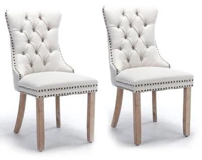 Productafbeelding van Set van twee linnen eetkamerstoelen met knoopverbindingen en poten van rubberhout, beige