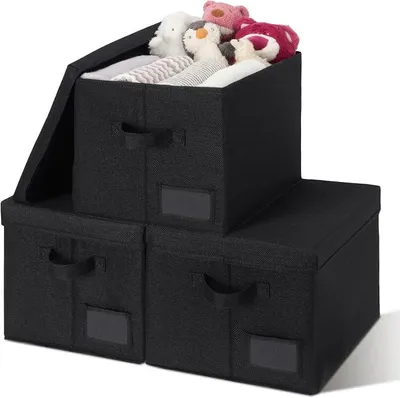 Produktbild von PolkaHome® Aufbewahrungsboxen mit Deckel, 3er Set Stoffboxen faltbar, 40x31x26,5 cm, Schwarz – Staubdichte Organizer für Kleidung,