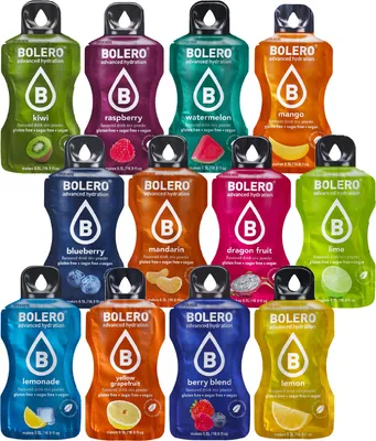Produktbild von Bolero Drinks Aromapulver 12x 3g – Instant-Getränkepulver für Wasser, Sodastream & Shaker – zuckerfrei, kalorienarm, 12 Sorten