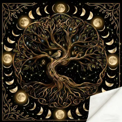Tarot-Tischdecke 50x50 cm, Lebensbaum, Samt, schwarz-gold