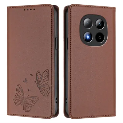 Image de Étui en cuir pour Xiaomi Redmi Note 15 Pro 5G, étui de protection type portefeuille en cuir gaufré « papillon » avec support, marron