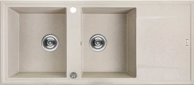 A top-down view of a beige granite kitchen sink with two basins and a draining board.