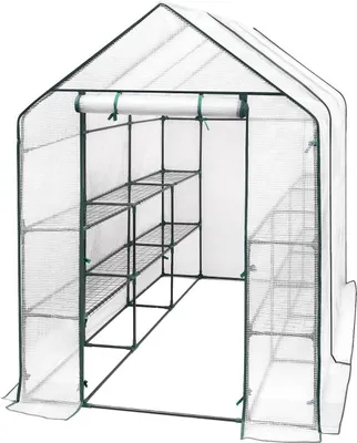 A white greenhouse with shelves inside, set against a white background.