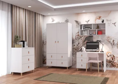 Produktbild von Kinderzimmer-Set Jugendzimmer Schrank Kommode Schreibtisch Wandregal  Weiß/Weiß Figo 01