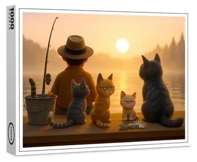 Image de Puzzle haut de gamme Raxxa « Il faut une éternité avant d'avoir quelque chose à manger – des chats attendent de réussir leur partie de pêche », 1 000 pièces