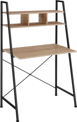 A modern ladder desk with a wooden top and shelves and black metal legs.