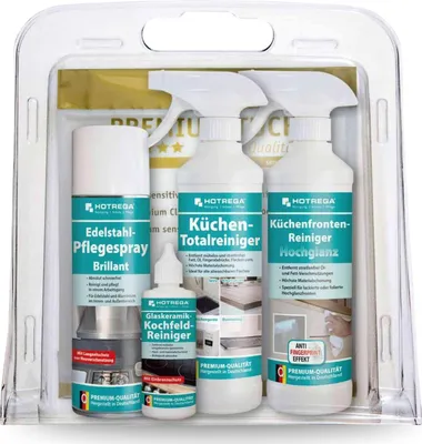 Produktbild von HOTREGA Küchenpflege-Set Hochglanz | Küchenfronten Reiniger, Edelstahl Pflegespray, Glaskeramikreiniger, Küchen-Totalreiniger + Premiumtuch sensitive