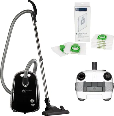 A collection of vacuum cleaner parts and accessories, including the main unit, hose, wand, floor head, and replacement bags, arranged on a white background.