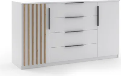 Zdjęcie produktu dla Komoda Kair biała, lamele w kolorze craft złoty 160 x 48 x 89 cm