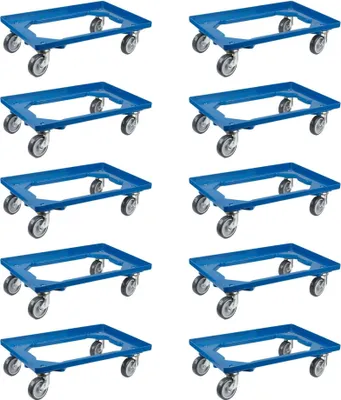 Produktbild von SparSet 10x Transportroller für Euroboxen 60x40cm mit Gummiräder blau | Offenes Deck | 4 Lenkrollen | Traglast 300kg | Kistenroller Logistikroller Rollwagen Profi-Fahrgestell