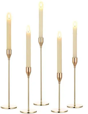 Produktbild von Ibenzoa® 5er-Set goldene Metall-Kerzenhalter, 19–34 cm hoch – für Stabkerzen Ø 2,2 cm & Batteriekerzen, elegante Tischdekoration für Hochzeit und Feier