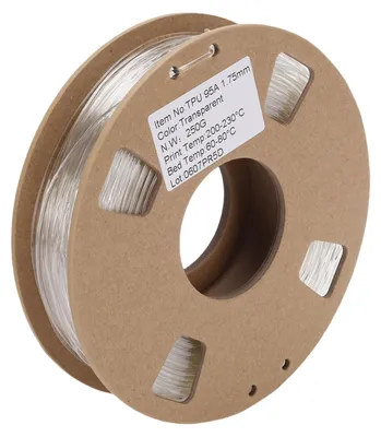 Obrázek produktu pro Filament TPU 1,75 mm, 95A, 250 g – vysoce pružný a ohebný filament pro většinu 3D tiskáren, průhledný