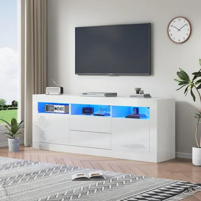 Produktbild von Hochglanz-TV-Schrank mit LED-Beleuchtung, 3 offenen Fächern, 2 Türen, Schubladen, Smart App Steuerung, Hochglanz-TV-Ständer, 160*35*60cm, Weiß