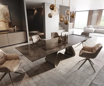 Produktbild von DELIFE Esstisch Edge 200-300x100 Keramik Emperador Extra Lucidato Dunkelbraun W-Gestell Effektfinish Titan ausziehbar