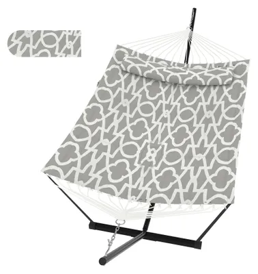 Obrázek produktu pro Houpací síť se stojanem – dvojitá houpací síť 3,6 m – pro 2 osoby – odolný polyester – s polštářky – s přepravní taškou – model C světle šedý